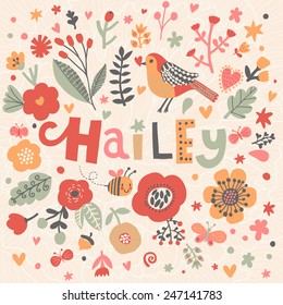 Bright card with beautiful name Hailey in poppy flowers, bees and butterflies. Awesome female name design in bright colors. Tremendous vector background for fabulous designs