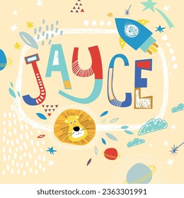 Bright card with beautiful name Jayce in planets, lion and simple forms. Awesome male name design in bright colors. Tremendous vector background for fabulous designs