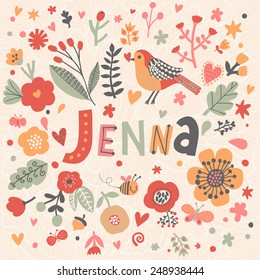 Bright card with beautiful name Jenna in poppy flowers, bees and butterflies. Awesome female name design in bright colors. Tremendous vector background for fabulous designs