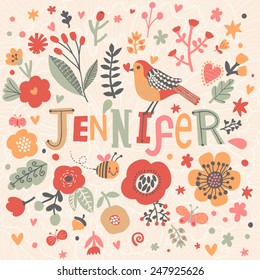 Bright card with beautiful name Jennifer in poppy flowers, bees and butterflies. Awesome female name design in bright colors. Tremendous vector background for fabulous designs