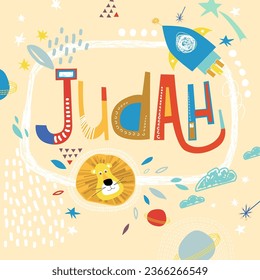 Bright card with beautiful name Judah in planets, lion and simple forms. Awesome male name design in bright colors. Tremendous vector background for fabulous designs