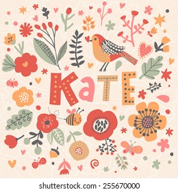 Bright card with beautiful name Kate in poppy flowers, bees and butterflies. Awesome female name design in bright colors. Tremendous vector background for fabulous designs