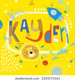 Bright card with beautiful name Kayden in planets, lion and simple forms. Awesome male name design in bright colors. Tremendous vector background for fabulous designs