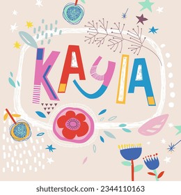 Bright card with beautiful name Kayla in flowers, petals and simple forms. Awesome female name design in bright colors. Tremendous vector background for fabulous designs