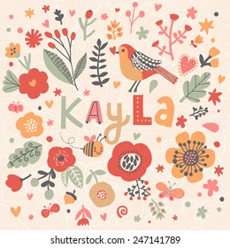 Bright card with beautiful name Kayla in poppy flowers, bees and butterflies. Awesome female name design in bright colors. Tremendous vector background for fabulous designs