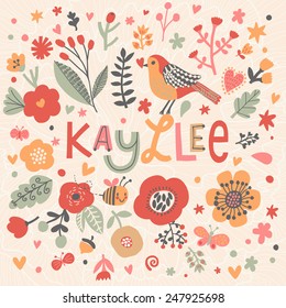 Bright card with beautiful name Kayllee in poppy flowers, bees and butterflies. Awesome female name design in bright colors. Tremendous vector background for fabulous designs