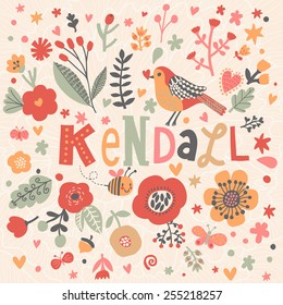 Bright card with beautiful name Kendall in poppy flowers, bees and butterflies. Awesome female name design in bright colors. Tremendous vector background for fabulous designs