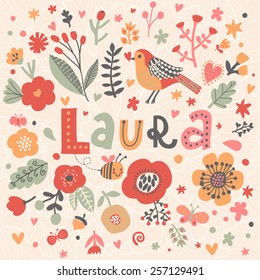 Bright card with beautiful name Laura in poppy flowers, bees and butterflies. Awesome female name design in bright colors. Tremendous vector background for fabulous designs