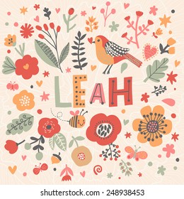 Bright card with beautiful name Leah in poppy flowers, bees and butterflies. Awesome female name design in bright colors. Tremendous vector background for fabulous designs