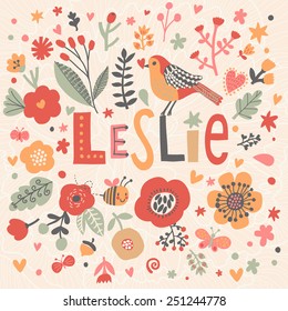 Bright card with beautiful name Leslie in poppy flowers, bees and butterflies. Awesome female name design in bright colors. Tremendous vector background for fabulous designs