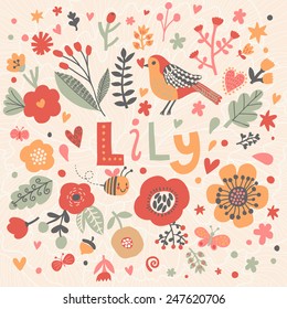 Bright card with beautiful name Lily in poppy flowers, bees and butterflies. Awesome female name design in bright colors. Tremendous vector background for fabulous designs