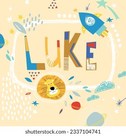 Bright card with beautiful name Luke in planets, lion and simple forms. Awesome male name design in bright colors. Tremendous vector background for fabulous designs