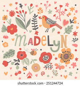 Bright card with beautiful name Madelyn in poppy flowers, bees and butterflies. Awesome female name design in bright colors. Tremendous vector background for fabulous designs
