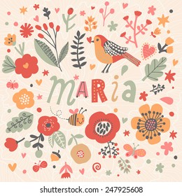 Bright card with beautiful name Maria in poppy flowers, bees and butterflies. Awesome female name design in bright colors. Tremendous vector background for fabulous designs