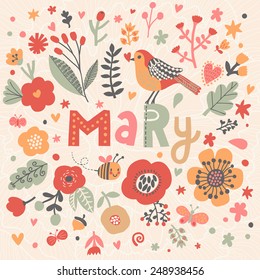 Bright card with beautiful name Mary in poppy flowers, bees and butterflies. Awesome female name design in bright colors. Tremendous vector background for fabulous designs