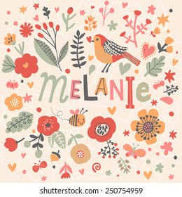 Bright card with beautiful name Melanie in poppy flowers, bees and butterflies. Awesome female name design in bright colors. Tremendous vector background for fabulous designs
