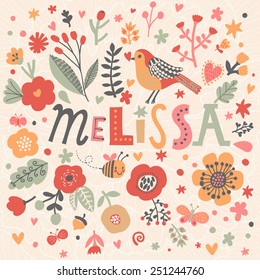 Bright card with beautiful name Melissa in poppy flowers, bees and butterflies. Awesome female name design in bright colors. Tremendous vector background for fabulous designs