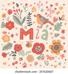 Bright card with beautiful name Mia in poppy flowers, bees and butterflies. Awesome female name design in bright colors. Tremendous vector background for fabulous designs