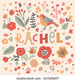 Bright card with beautiful name Rachel in poppy flowers, bees and butterflies. Awesome female name design in bright colors. Tremendous vector background for fabulous designs