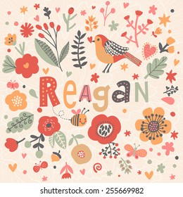 Bright card with beautiful name Reagan in poppy flowers, bees and butterflies. Awesome female name design in bright colors. Tremendous vector background for fabulous designs