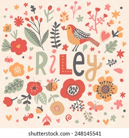 Bright card with beautiful name Riley in poppy flowers, bees and butterflies. Awesome female name design in bright colors. Tremendous vector background for fabulous designs