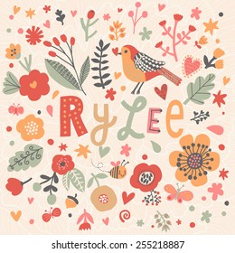 Bright card with beautiful name Rylee in poppy flowers, bees and butterflies. Awesome female name design in bright colors. Tremendous vector background for fabulous designs