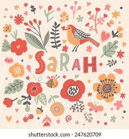 Bright card with beautiful name Sarah in poppy flowers, bees and butterflies. Awesome female name design in bright colors. Tremendous vector background for fabulous designs