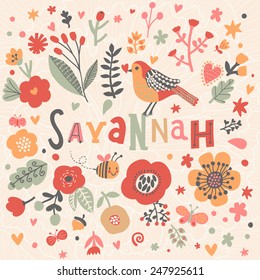 Bright card with beautiful name Savannah in poppy flowers, bees and butterflies. Awesome female name design in bright colors. Tremendous vector background for fabulous designs