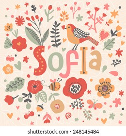 Bright card with beautiful name Sofia in poppy flowers, bees and butterflies. Awesome female name design in bright colors. Tremendous vector background for fabulous designs