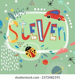 Bright card with beautiful name Steven in planets, car and simple forms. Awesome male name design in bright colors. Tremendous vector background for fabulous designs