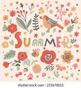 Bright card with beautiful name Summer in poppy flowers, bees and butterflies. Awesome female name design in bright colors. Tremendous vector background for fabulous designs