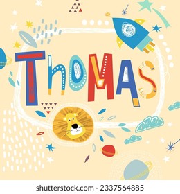 Bright card with beautiful name Thomas in planets, lion and simple forms. Awesome male name design in bright colors. Tremendous vector background for fabulous designs