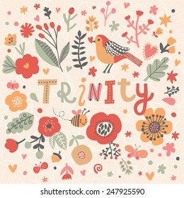 Bright card with beautiful name Trinity in poppy flowers, bees and butterflies. Awesome female name design in bright colors. Tremendous vector background for fabulous designs
