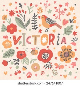 Bright card with beautiful name Victoria in poppy flowers, bees and butterflies. Awesome female name design in bright colors. Tremendous vector background for fabulous designs
