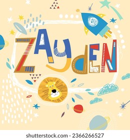 Bright card with beautiful name Zayden in planets, lion and simple forms. Awesome male name design in bright colors. Tremendous vector background for fabulous designs