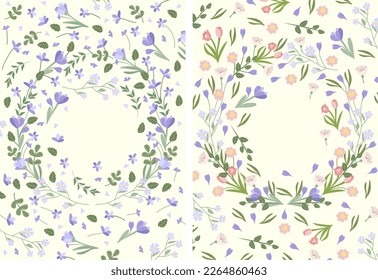 Bright card with blooming flowers, daisies, crocus, lavender, green leaves, hearts in a circle. Spring-summer flowering. Bright compositions are ideal for banners, posters, birthdays, weddings, etc. 