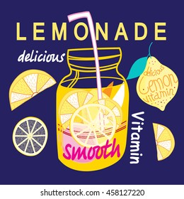 Bright card with a can of lemonade and lemons on a dark blue background