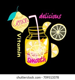 Bright card with a can of lemonade and lemons on a dark background