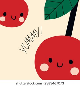 bright card with cheerful cherry characters and the inscription delicious