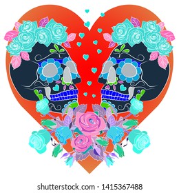 bright card with a cheerful skull on the background of the heart, a symbol of the traditional Mexican holiday Day of the dead and the Day of angels