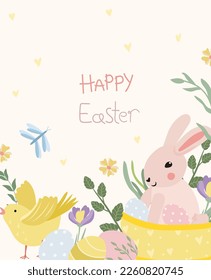 Bright card with a cute bunny in a basket, chickens, spring flowers and Easter eggs. Greeting cards, spring flowers. Ideal for banners, cards, posters. Vector illustration. Vector illustration