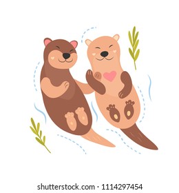 Bright card with cute otters in love.