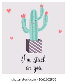 Bright card with cute smiling cactus and quote