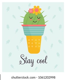 Bright card with cute smiling cactus and quote