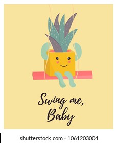 Bright card with cute smiling cactus and quote