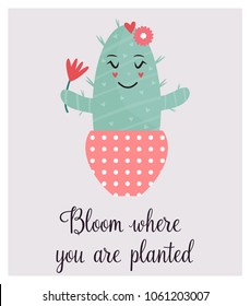 Bright card with cute smiling cactus and quote