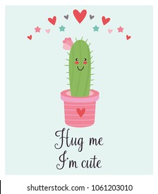 Bright card with cute smiling cactus and quote