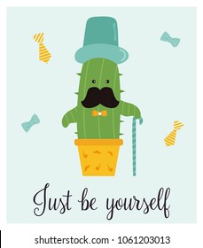 Bright card with cute smiling cactus and quote
