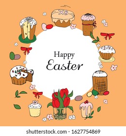 bright card for Easter with Easter cake and tulips
