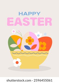 Bright card with Easter eggs in a plate. Minimalistic design for Easter.